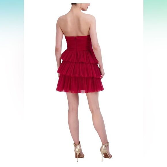 BCBGMAXAZRIA Size 6 Flattering Strapless Eve Tiered Tulle Mini Dress, Red - Picture 3 of 7